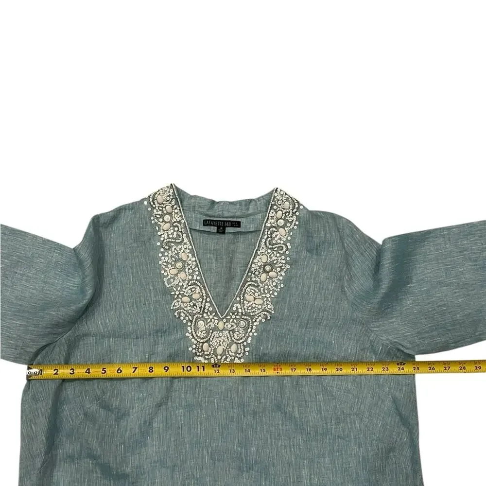Lafayette 148 Womens Blue White beaded Long sleeve blouse size 18 - Picture 6 of 10